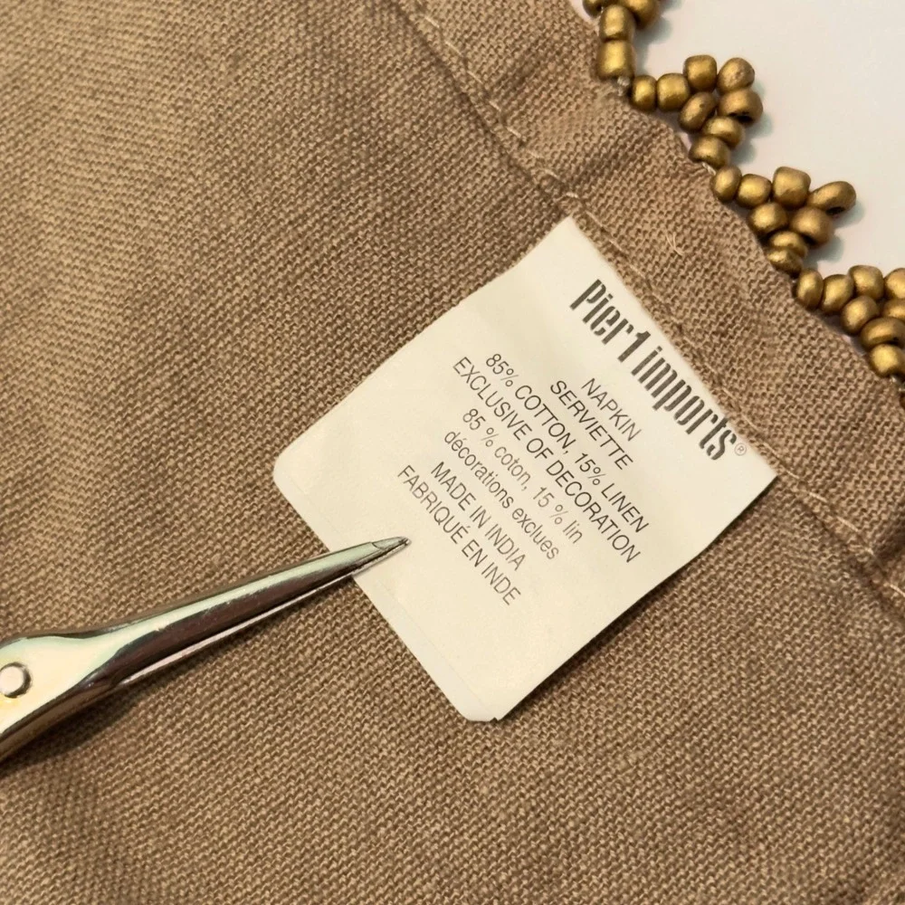 Pier 1 Imports Beaded Linen Blend Napkins Set of 4 Taupe Khaki Gold Trim 19x19